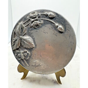 Etains D'art Pewter 4" Round Box Flowers and Leaves Signed Achezal Made in Franc
